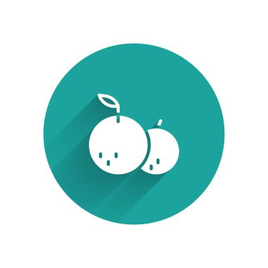 Uzun gölgeli beyaz mandalina simgesi. Mutlu Noeller ve mutlu yıllar. Yeşil daire düğmesi. Vektör.