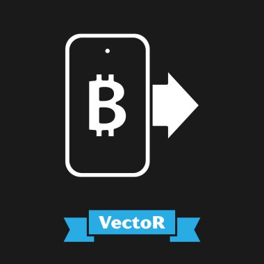 Siyah arka planda izole edilmiş mobil ikondan beyaz madencilik bitcoin. Kripto para birimi madenciliği, engelleme zinciri teknoloji servisi. Vektör.