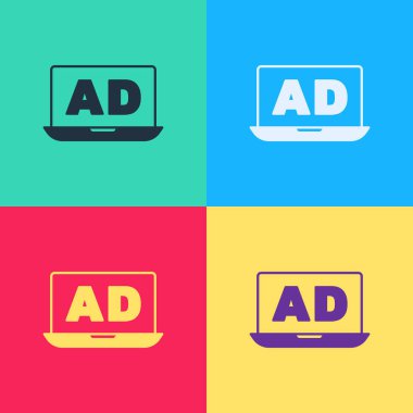 Pop Art Reklamcılık simgesi renk arkaplanında izole edildi. Pazarlama ve tanıtım süreci kavramı. İlgili reklamlar. Sosyal medya reklamcılığı. Vektör.