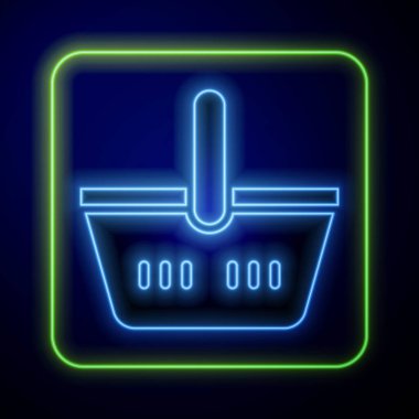Parlayan neon sepet ikonu mavi arka planda izole edildi. İnternetten satın alma konsepti. Servis tabelası. Alışveriş arabası sembolü. Vektör.