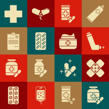 İlaç şişesini ve hapları hazırla. Sargı bezi sıva astım ilacını, ilaç paketini hastane tıbbi kayıtları ve merhem tüpü ikonu ile birlikte hazırla. Vektör.