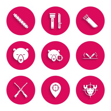 Hunt 'ı av tüfeği avına çıkartın. İki çapraz av tüfeği. Ayı başlı ok ve av kemeri kartuşu ikonu. Vektör.