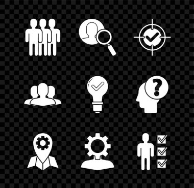 İş elbisesi ve ampul simgesi içerisindeki teçhizatlı, hedef alan ve işaretleyen bir insan için kullanıcı grubu büyüteçlerini ayarla. Vektör.