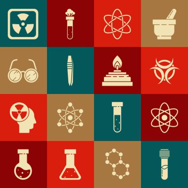 Test tüpü ve kimyasal kimyasal atom tehlike sembolü cımbız laboratuar gözlüğü radyoaktif ve alkol ruh yakma ikonu ayarla. Vektör.