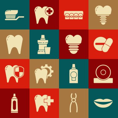 Gülümseyen dudaklar Otolaryngological baş yansıtıcı ilaç hapı diş teli diş macunu diş fırçası diş fırçası diş macunu ve diş implantı ikonu olan diş macunu. Vektör.