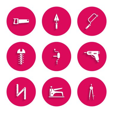 El matkabı, inşaat zımbası pusula, sıcak tutkal, cetvel, metal vida, testere ve simge çiz. Vektör.