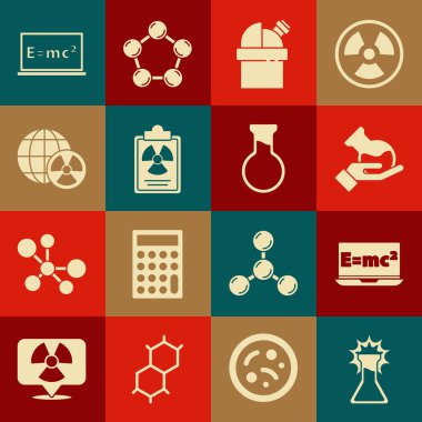 Test tüpü ve matara denklemi çözeltisini Astronomik Gözlemevi Radyasyon Uyarı belgesi Dünya radyasyonu ve ikonu. Vektör.