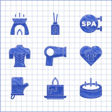 Saç kurutma makinesi Aroma mum yüzme havuzu, merdiven masajı, sauna eldiveni, spa salonu ve ikon. Vektör.