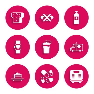 Fitness Sallaması Vitamin haplarını hazırla. Banyo, ambulans ve acil durum arabası Pasta Akıllı saat, bir şişe su ve ekmek kızartma ikonu. Vektör.