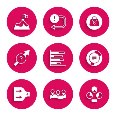 Satış ve Dağlar bayrak ikonu ile birlikte Pie grafiksel konum bilgisi ok alışveriş torbası ayarla. Vektör.