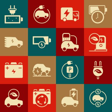 Elektrikli araba tasarruf prizini yaprak şarj istasyonu kamyonuna ayarlayın. Düşük akü şarjı ve simgesi. Vektör.