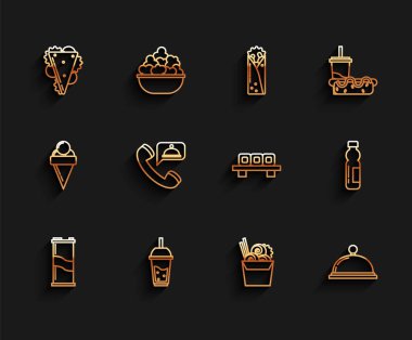 Soda kutusu, limonata, saman sandviçi, Asya eriştesi, karton çubuk, tepsi, yiyecek, şişe su ve suşi kesme tahtası ikonu. Vektör.