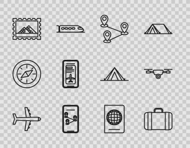 Uçak Posta Damgası ve Mısır piramitleri elektronik geçiş kartı olan akıllı telefon pasaport biyometrik verileri ve İHA video kamera ikonu ayarla. Vektör.