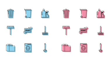 Tuvalet kağıdı rulo temizleme çöpü köpük paspas sileceği ve ikon ile sabun fırçalayabilir. Vektör.