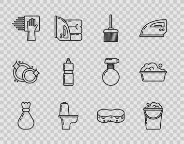 Çöp torbası kovasını köpük ve köpükle doldur süpürge sapı klozet temizleme servisi plastik şişeler sıvı bulaşık deterjanı ve havza sabunu ikonu için. Vektör.