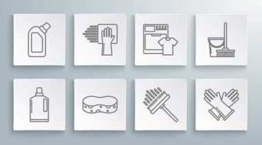 Sıvı bulaşık deterjanı, sünger sileceği, lastik eldiven, süpürge, süpürge ve tişört kovası ve ikon için plastik şişe ayarla. Vektör.