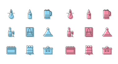 Takvim çizgisi Mutlu Noeller zil çalan Noel Baba hediye kutusu kartpostal Noel Baba şapkası şampanya şişesi ve bir bardak şampanya ve yanan mum şamdan ikonu. Vektör.