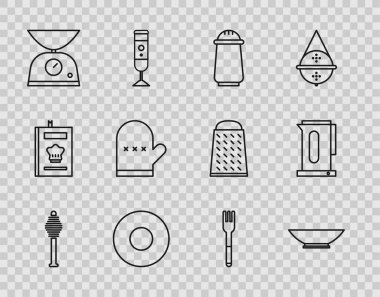 Çizgiyi Bal Dipper çubuğu kase tuzu ve biber tabağı pulu fırın çatalı ve su ısıtıcısı ikonuyla ayarla. Vektör.