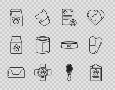 Konserve saç fırçası köpek, kedi ve köpek ve köpek hapları ikonu için tıbbi plaksal veterinerlik sembolü olan Pet yatak panosunu ayarla. Vektör.