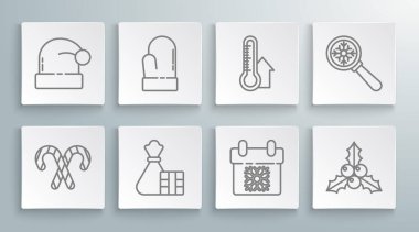 Çizgili Noel şekeri bastonu çizgili Hediye çantası Takvim Şubesi viburyumu veya büyüteç cam kar tanesi ve Noel Baba şapkası ikonu ölçen guelder gül meteoroloji termometresi. Vektör.