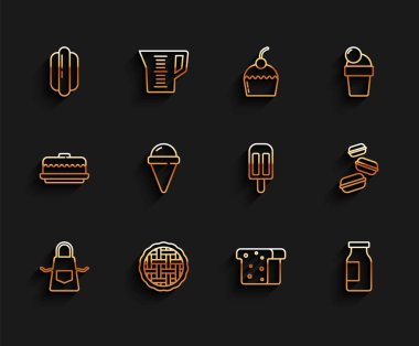 Mutfak önlüğü ev yapımı turta Hotdog sandviç tost şişesi sütlü dondurma ve waffle külahlı makarna ikonu. Vektör.