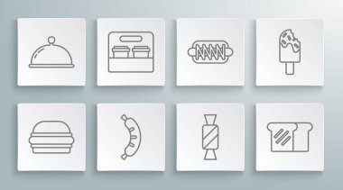 Çizgili Burger Coffee bardağını Hotdog Şekerli tost sandviçi yapmak için hazırla. Dondurma ve tepsi ikonu ile kaplı. Vektör.