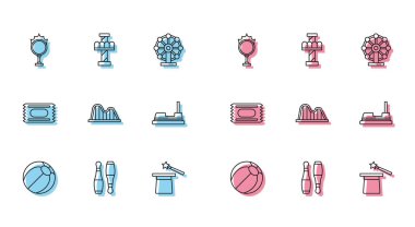 Plaj topu bowling lobutları, ateş çemberi, sihirli şapka, sihirli değnek, hız treni hız treni bileti ve atlıkarınca ikonu. Vektör.