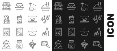 Satın al düğmesine bas. Şarap şişesi parası. Armut Soda kutuları ve konserve balık ikonu için fiyat etiketi. Vektör.