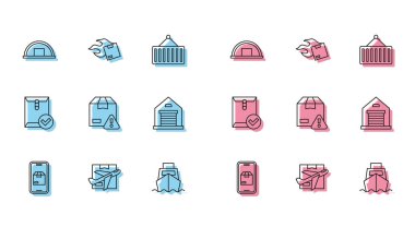 Hat Mobil uygulama teslimatını, uçak ve karton kutulu kargo gemisi kutuları, teslimat kalkanı, zarf kontrol işareti ve karton simgesi ile ayarla. Vektör.