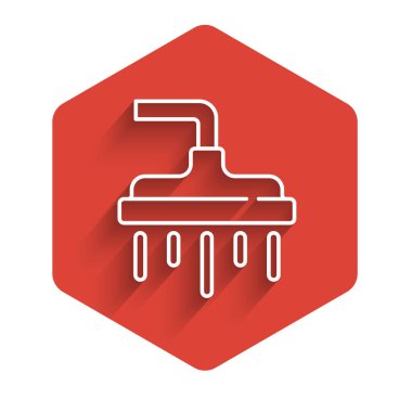 Su damlaları akan beyaz çizgi başlıklı uzun gölgeli ikon. Kırmızı altıgen düğmesi. Vektör.