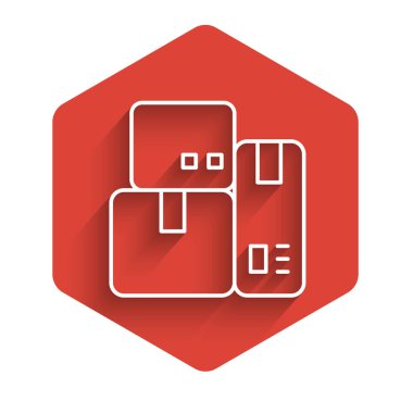 Uzun gölgeli bir çek ikonu olan beyaz çizgi yazar kasa makinesi. Kasiyer tabelası. Tabut sembolü. Kırmızı altıgen düğmesi. Vektör.