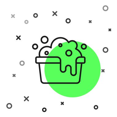 Beyaz zemin üzerinde sabun köpüğü olan siyah çizgi plastik leğen. Sulu kase. Çamaşır yıkama, temizlik malzemeleri. Vektör.