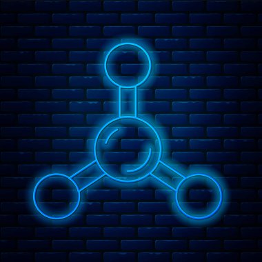 Parlayan neon hattı molekül simgesi tuğla duvar arka planında izole edildi. Kimya moleküllerinin yapısı, fen öğretmenlerinin yenilikçi eğitim posteri. Vektör.