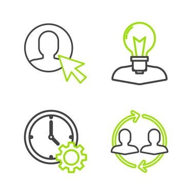 İnsan Kaynakları Zaman Yönetimi 'nin başını lamba ampulü ve iş giysisi simgesi kullanıcısı ile ayarla. Vektör.