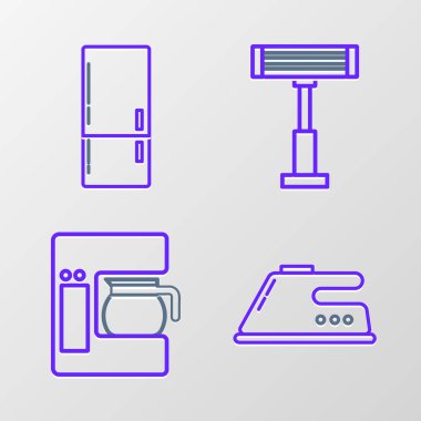 Elektrikli kahve makinesini cam ısıtıcı ve buzdolabı ikonuyla ayarla. Vektör.