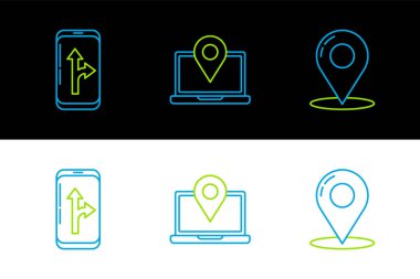 Şehir haritası navigasyonunun ve dizüstü bilgisayarın konum belirleyici simgesi ile harita pin bilgisini ayarla. Vektör.