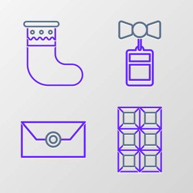 Çikolata Çubuğu Zarfı 'na noel partisi davetiye etiketi yaz. Fiyat etiketi bir indirimli satış ve Noel çorabı ikonu. Vektör.