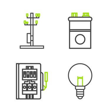 Ampul lambasını, elektrikli araba aküsünü ve yüksek voltajlı elektrik direği çizgisi simgesini ayarla. Vektör.