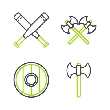 Ortaçağ baltası yuvarlak tahta kalkan orta çağ baltaları ve beyzbol sopası ikonu. Vektör.