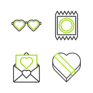 Candy 'yi kalp şeklinde bir kutuya koy. Sevgililer Günü prezervatif paketi ve Kalp Aşk Gözlüğü ikonu. Vektör.