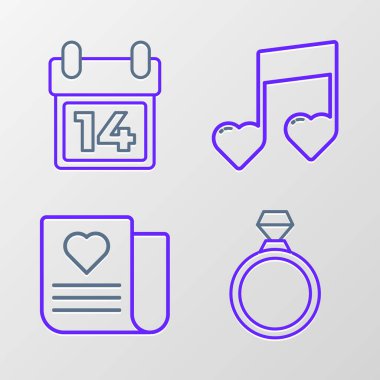 Diamond nişan yüzüğü ve Valentine 'ın kalbi. Nota notası, kalpler ve takvim 14 Şubat simgesi. Vektör.