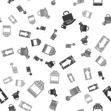 El ve kağıt alışveriş torbası, el dokunuşu ve dinleme jesti, akıllı telefon, cep telefonu ve alışveriş binası ya da marketi sorunsuz bir şekilde ayarla. Vektör.