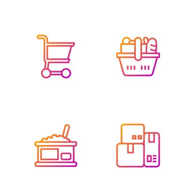Yazar kasa, havyarlı teneke kutu, alışveriş arabası, sepet ve yiyecek ayarla. Renk simgeleri. Vektör.