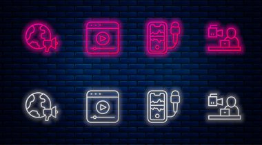 Canlı yayını başlat. World News ve Breaking 'i kaydet. Tuğla duvarda parlayan neon simgesi. Vektör.