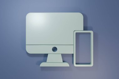 Gri Bilgisayar monitörü ve cep telefonu simgesi mor-mavi arka planda izole edildi. İnternetten kazanç, pazarlama. Minimalizm kavramı. 3 Boyutlu resimleme.