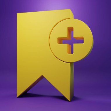 Sarı Yer İmi simgesi mor arkaplanda izole edildi. Konsepte ekle. Minimalizm kavramı. 3 Boyutlu resimleme.