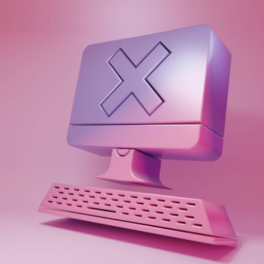 Pembe arka planda klavye ve x işareti simgesi olan mor-pembe bilgisayar. Hata penceresi, çıkış düğmesi, iptal, 404 hata sayfası konsept bulunamadı. Minimalizm kavramı. 3 Boyutlu resimleme.