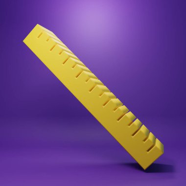 Sarı cetvel simgesi mor arkaplanda izole edildi. Düz sembol. Minimalizm kavramı. 3 Boyutlu resimleme.