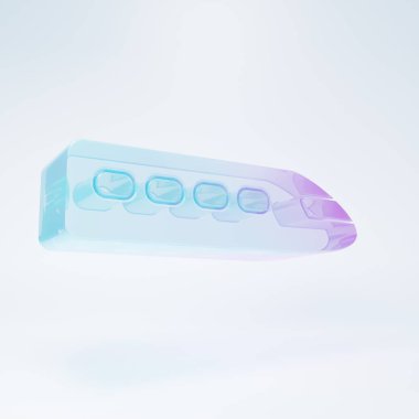 Buzlu cam tren ikonu beyaz arka planda izole edildi. Toplu taşıma sembolü. Metro treni nakliyesi. Metro yeraltı. Minimalizm kavramı. 3 Boyutlu resimleme.