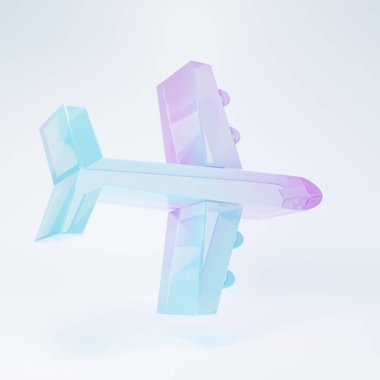 Frosted glass Plane icon isolated on white background. Flying airplane icon. Airliner sign. Minimalism concept. 3D render illustration.